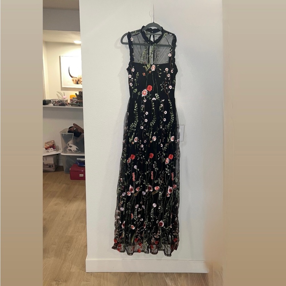 City Studio Black Maxi Dress with Red and White Floral Design